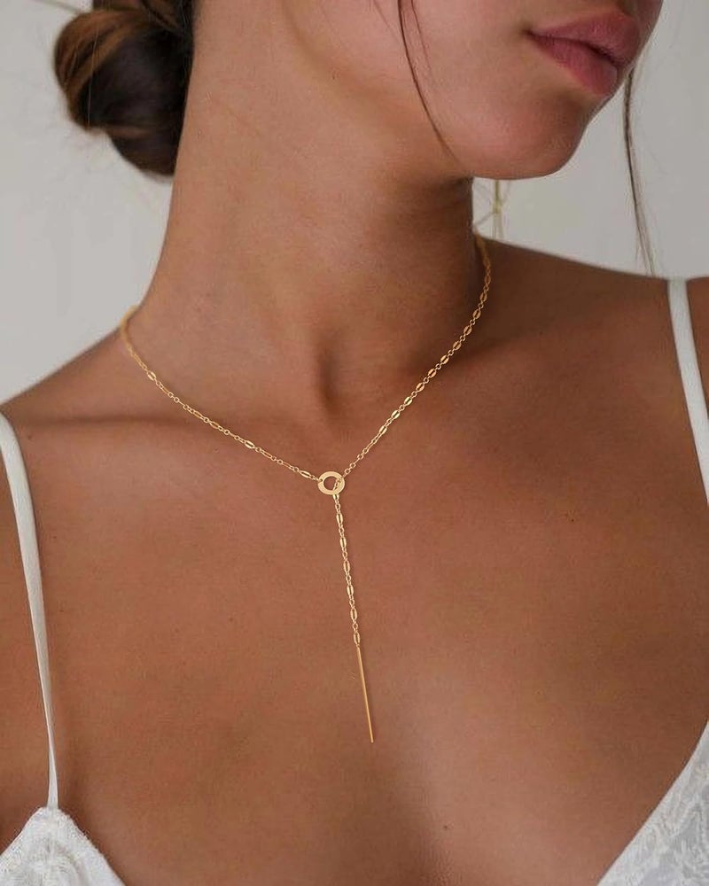 Funsanny Store Lariat Necklaces for Women - Dainty Long Necklace Trendy 14K Gold Plated Hypoallergenic Layered Long Y-Shape Sunburst CZ T-Bar Pendant Drop Chain Necklace Set for Women Non Tarinsh Jewelry - Image 2